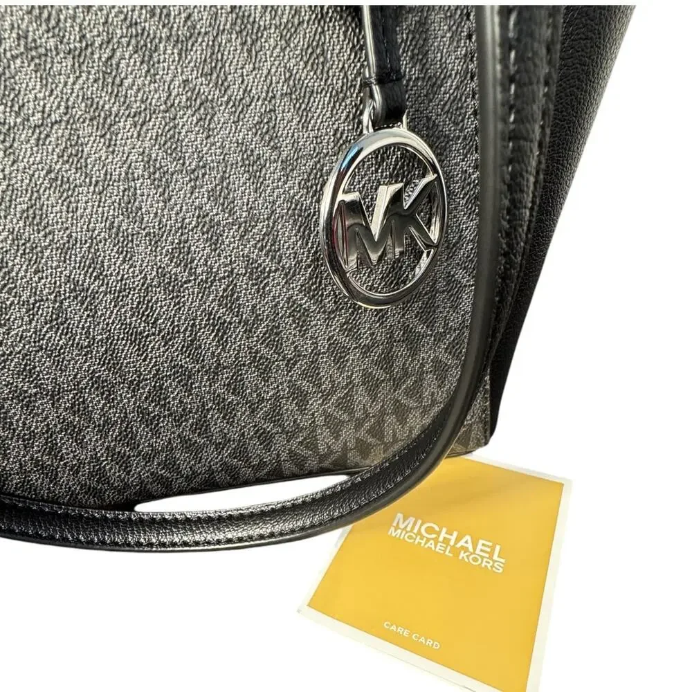 Michael Kors Charlotte Signature Logo Tote Bag Large Black Leather Zip‎ Top NWT